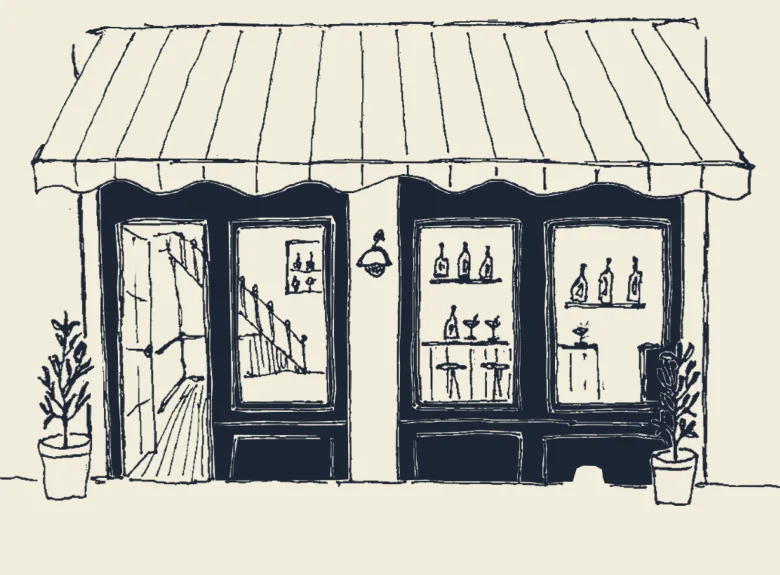 Zeichnung der Adieu Bar: Fassade mit Markise, offener Tür und Flaschenregalen im Fenster